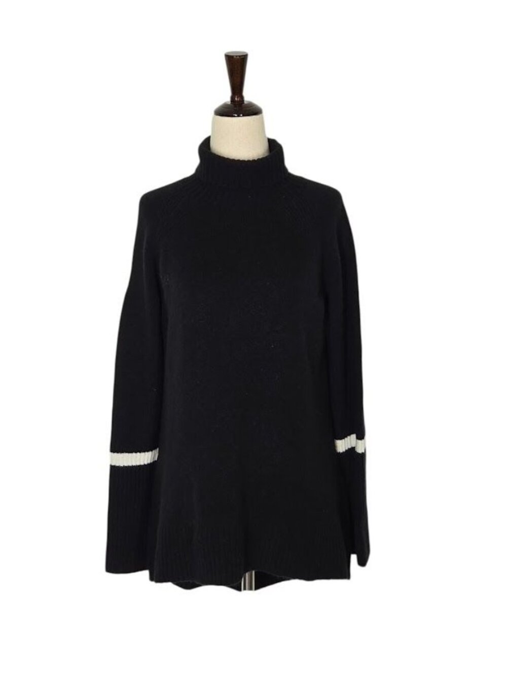 HALOGEN Womens XS Black Wool Blend Turtleneck Tunic Sweater White Stripe NWOT